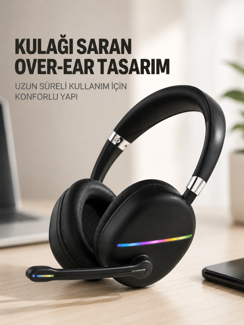 RGB Işıklı Bluetooth Mikrofonlu Kulaklık Uzun Süreli Kullanım Type-C Şarjlı 1