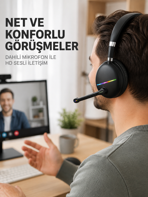 Bluetooth 5.0 Kablosuz Kulak Üstü Kulaklık Mikrofonlu RGB Aydınlatmalı 1