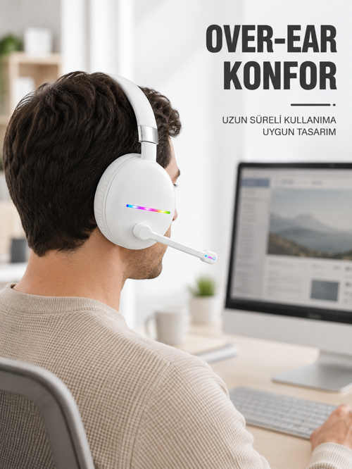 Beyaz Bluetooth 5.0 Mikrofonlu Kablosuz Kulak Üstü Kulaklık RGB Işıklı Type-C Şarjlı 1