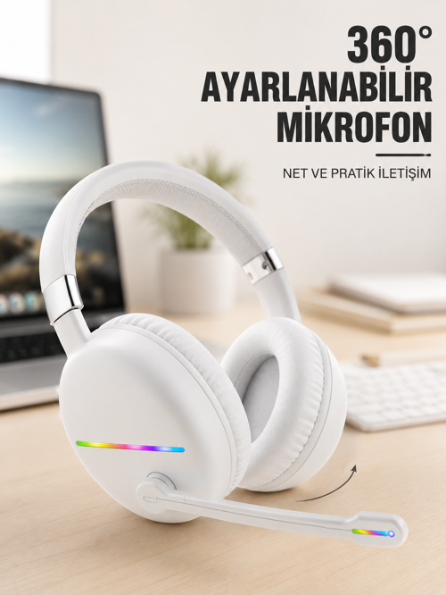 RGB Işıklı Mikrofonlu Bluetooth Kulaklık Beyaz Over-Ear Tasarım Type-C Şarjlı 1