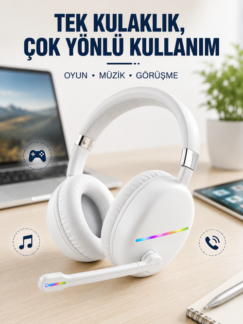 Beyaz Kablosuz Bluetooth Kulaklık Mikrofonlu Ergonomik Kulak Üstü Tasarım 1