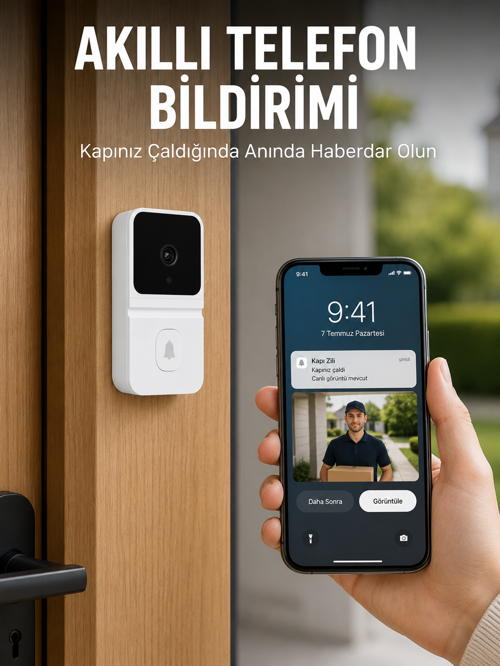 Beyaz Wi-Fi Akıllı Görüntülü Kapı Zili HD Kamera, Gece Görüşü ve Telefon Bildirimli Kablosuz Kapı Zi