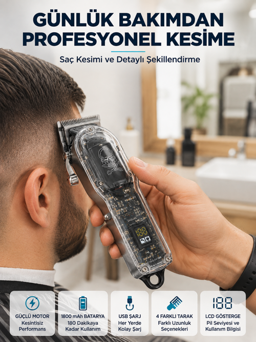 Şarjlı Saç Kesme Makinesi 4 Farklı Taraklı LCD Pil Göstergeli USB Şarjlı Profesyonel Erkek Tıraş Mak