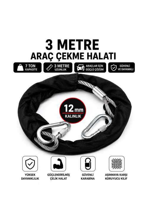 Çantalı 3 Metre 12 mm Araç Çekme Halatı 7 Ton Çelik Çekme Halatı 2 Adet Vidalı Karabinalı