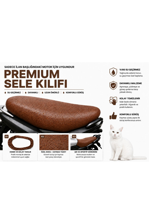 Kral Motor Arneb 150 Premium Kahverengi Suni Deri Sele Kılıfı Su Geçirmez Motosiklet Koltuk Koruyucu