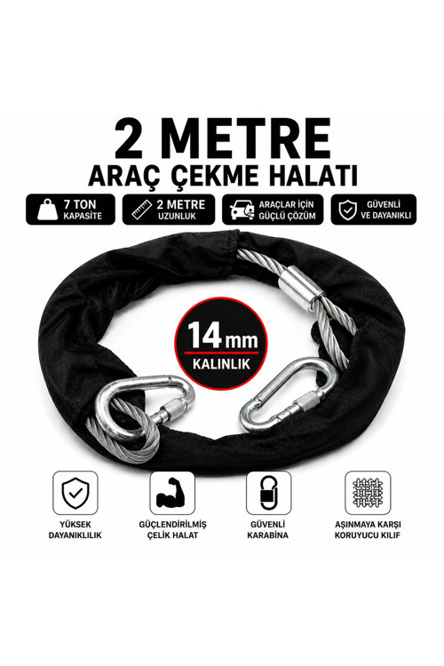 Çantalı 2 Metre 14 mm Araç Çekme Halatı Çelik Çekme Halatı 2 Adet Vidalı Karabinalı