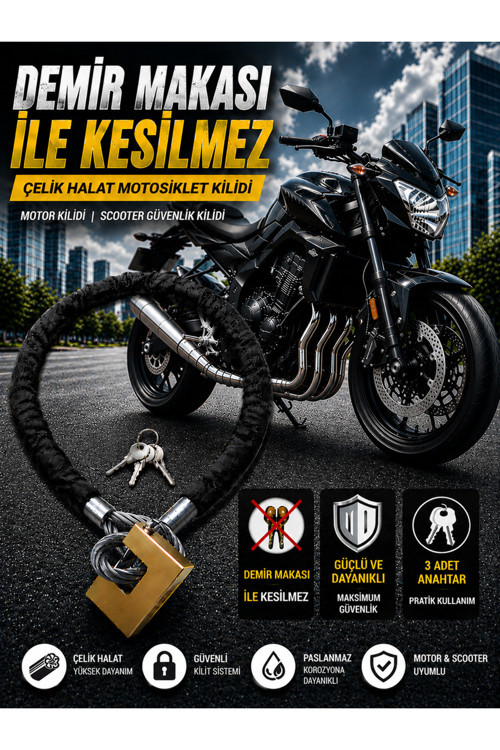 16 mm 2,5 Metre Kesilmez Çelik Halat Motosiklet Kilidi Motor Kilidi Scooter Güvenlik Kilidi Siyah
