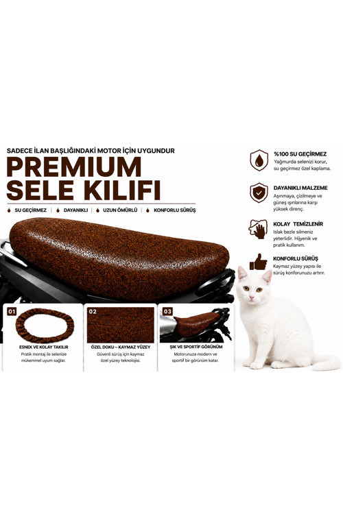 Mobylette Bionik 52 Premium Kahverengi Suni Deri Sele Kılıfı Su Geçirmez Motosiklet Koltuk Koruyucu
