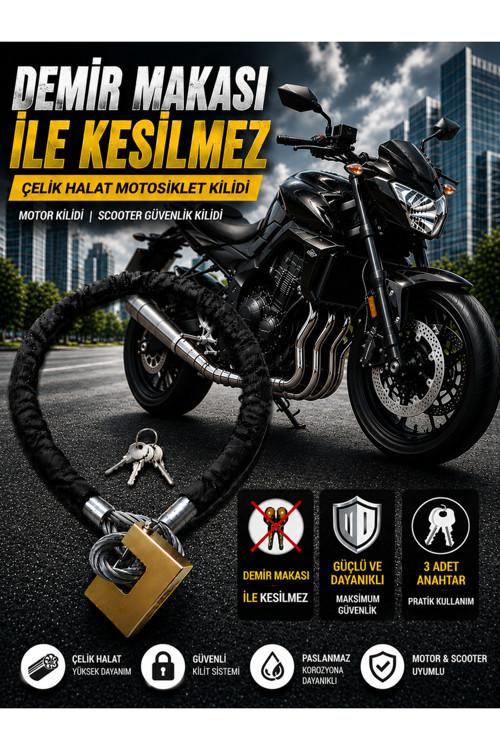14 mm 1,5 Metre Kesilmez Çelik Halat Motosiklet Kilidi Motor Kilidi Scooter Güvenlik Kilidi Siyah