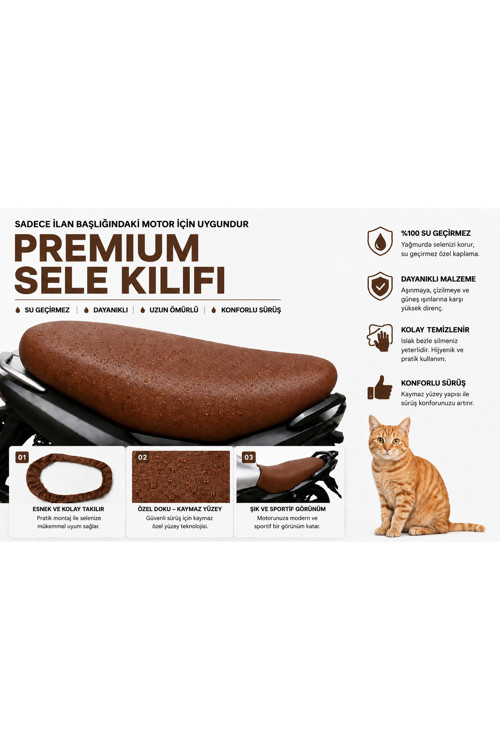 Kuba Brilliant 125 Pro X Premium Kahverengi Suni Deri Sele Kılıfı Su Geçirmez Motosiklet Koltuk Koruyucu