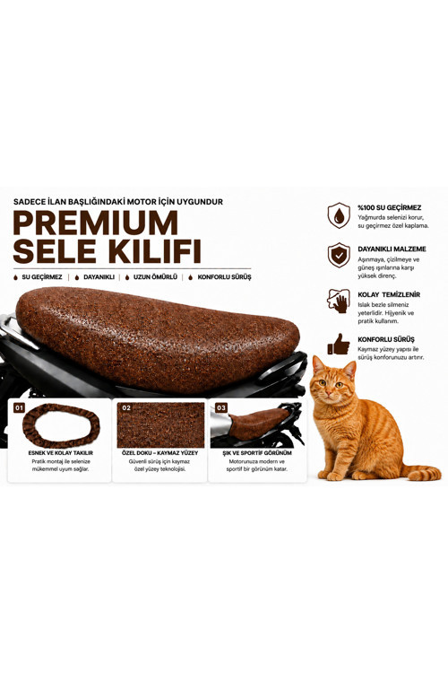 Kuba Ege 50 3 Premium Kahverengi Suni Deri Sele Kılıfı Su Geçirmez Motosiklet Koltuk Koruyucu