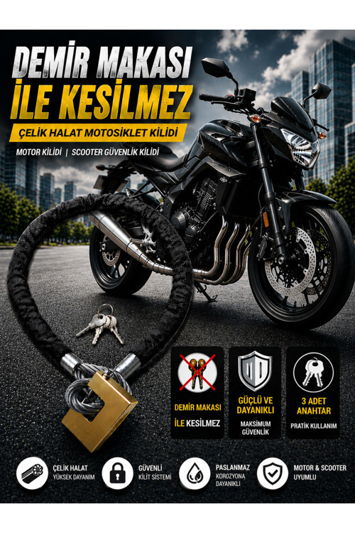 10 mm 2 Metre Kesilmez Çelik Halat Motosiklet Kilidi Motor Kilidi Scooter Güvenlik Kilidi Siyah