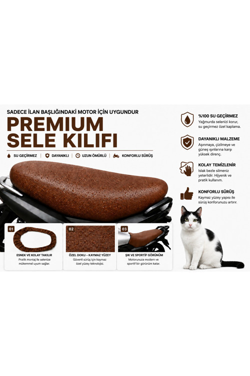 Mondial 125 KT Premium Kahverengi Suni Deri Sele Kılıfı Su Geçirmez Motosiklet Koltuk Koruyucu
