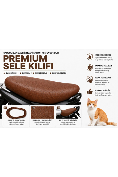 RKS Rosa 50 Pro Premium Kahverengi Suni Deri Sele Kılıfı Su Geçirmez Motosiklet Koltuk Koruyucu
