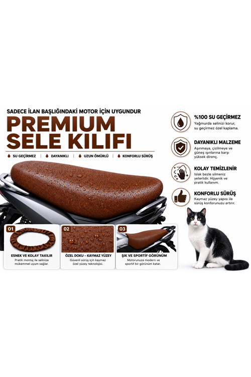 Falcon SK 125 KMT Premium Kahverengi Suni Deri Sele Kılıfı Su Geçirmez Motosiklet Koltuk Koruyucu