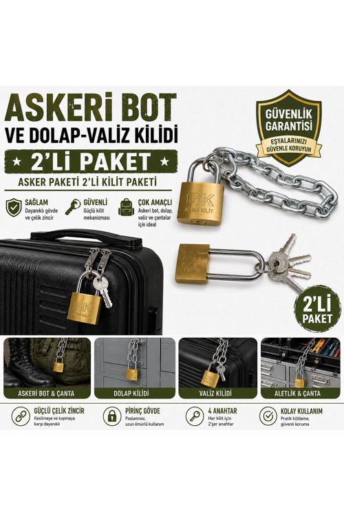 2 li Yurt Dolabı ve Valiz Kilidi | Güçlü Çelik Zincirli Asma Kilit | Öğrenci Yurtları İçin Güvenlik Seti