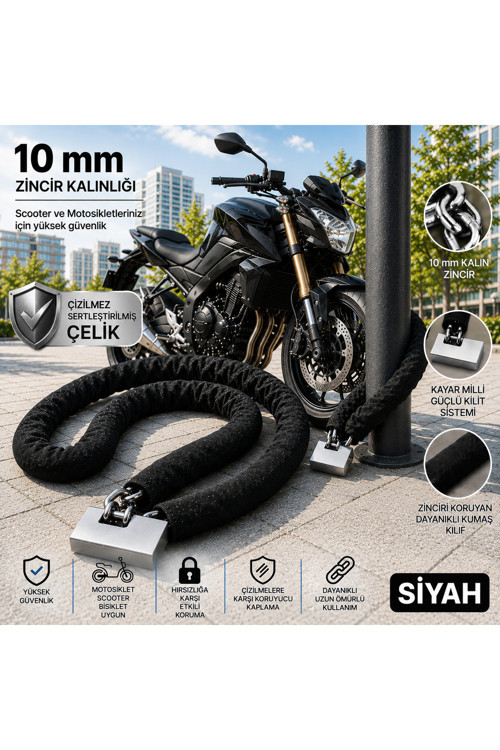 10 mm 2,5 Metre Kesilmez Motosiklet Zinciri Motor Kilidi Scooter Güvenlik Kilidi Siyah