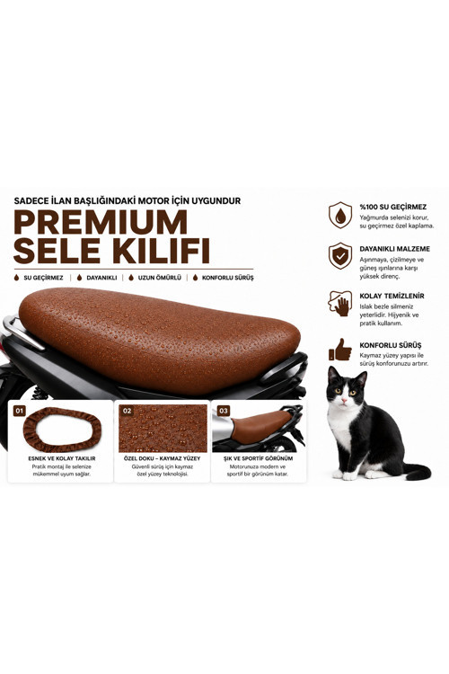 RKS Dark Blue 50 Premium Kahverengi Suni Deri Sele Kılıfı Su Geçirmez Motosiklet Koltuk Koruyucu