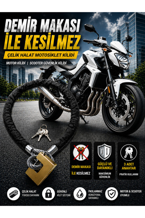 14 mm 2,5 Metre Kesilmez Çelik Halat Motosiklet Kilidi Motor Kilidi Scooter Güvenlik Kilidi Siyah