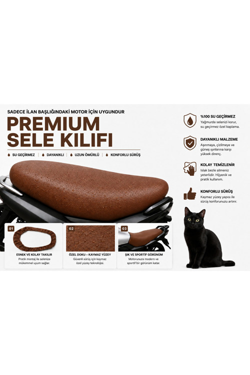 Asya Scooturk-100 Premium Kahverengi Suni Deri Sele Kılıfı Su Geçirmez Motosiklet Koltuk Koruyucu