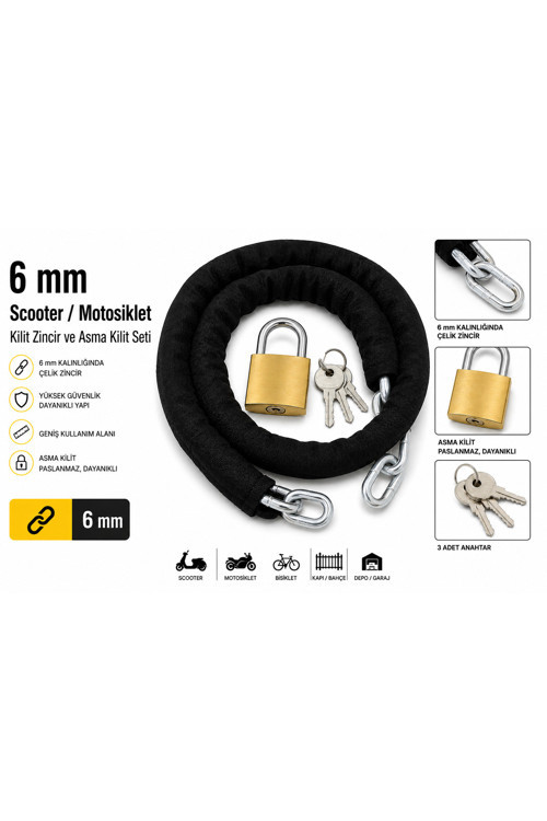 6 mm 1.20 metre Scooter Motorsiklet Kilidi Zincir ve asma Kilit Seti siyah