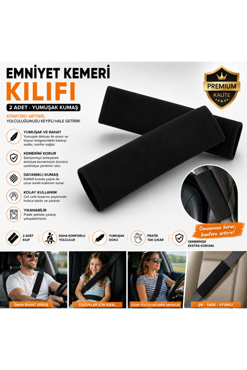 Emniyet Kemeri Kılıfı 2 Adet Siyah Yumuşak Kumaş Omuz Pedi Araç Oto Kemer Koruyucu Universal