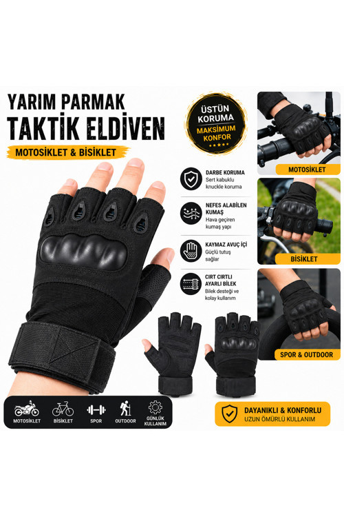 Yarım Parmak Taktik Eldiven Motosiklet Eldiveni Bisiklet Eldiveni Darbe Korumalı Kaymaz Outdoor Spor Eldiveni Siyah