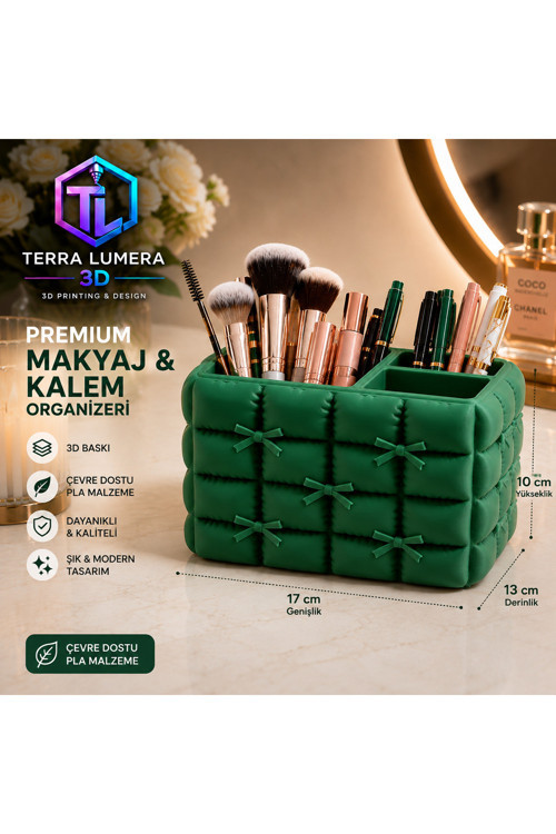 Kapitone Fiyonklu Makyaj Organizeri – Kalemlik, Fırçalık ve Masaüstü Düzenleyici