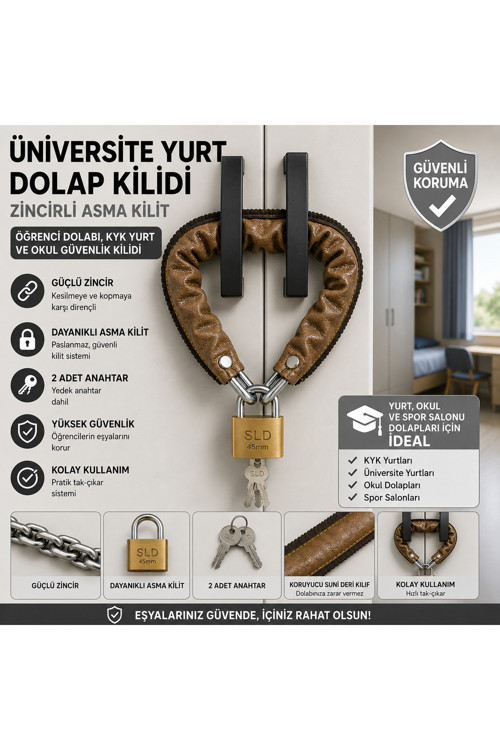 kahverengi Üniversite Öğrenci Yurt Dolap Kilidi – Zincirli Asma Kilit, KYK Okul Kampüs Güvenlik Kilidi