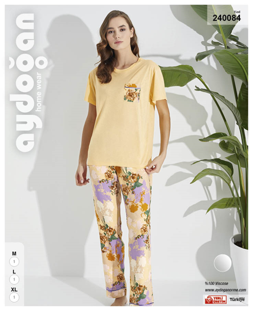 Aydoğan Kadın %100 Viskon Kısa Kol Uzun Bacak Çiçek Desenli Somon Pijama Takımı