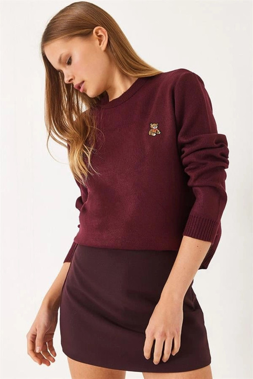 Kadın Peluş Teddy Ayıcık Nakışlı Bisiklet Yaka Basic Triko Kazak - Bordo