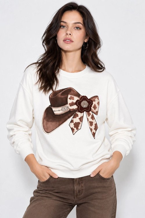 Kadın Taş İşlemeli Fiyonk Baskı Oversize Üç İplik Rahat Kesim Sweatshirt - Beyaz