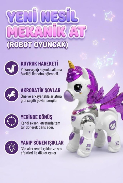 Işıklı ve Müzikli Hareketli Uzaktan Kumandalı 10 Fonksiyonlu Mekanik Unicorn Robot Oyuncak PEMBE