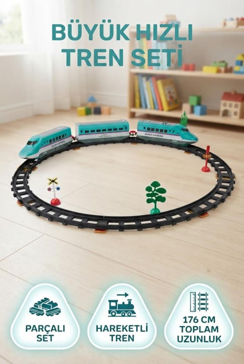 Büyük Hızlı Tren Seti 31 Parça 176 Cm Demiryolu Uzunluğu ile Tren ve Raylı Oyun Seti