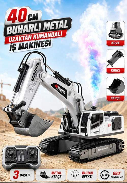 Metal Başlıklı Buharlı 1:18 Ölçekli Uzaktan Kumandalı 10 Fonksiyonlu 2.4 Ghz Oyuncak Ekskavatör BEYAZ
