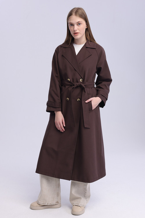 Kadın Kahverengi Oversize Trençkot Astarlı Mevsimlik Trençkot
