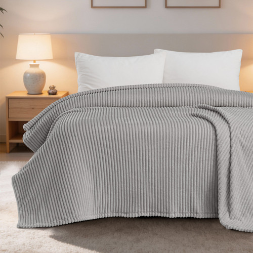 Çizgili Vizon Tek Kişilik Polar Battaniye Gri 150x220 cm
