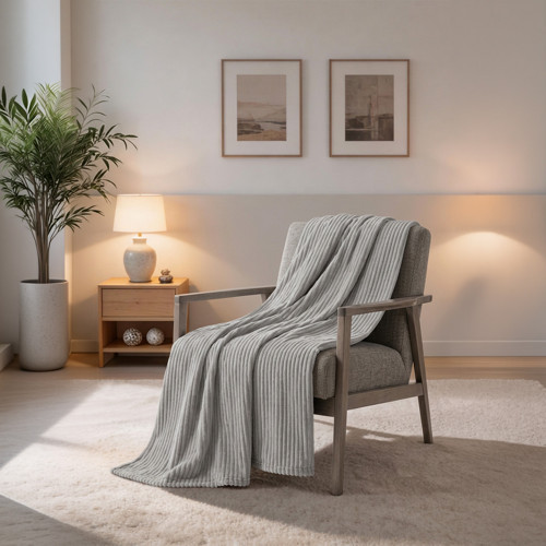 Çizgili Vizon Çift Kişilik Polar Battaniye Açık Gri 200x220 cm