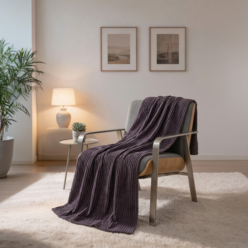 Çizgili Vizon Çift Kişilik Polar Battaniye Mürdüm 200x220 cm