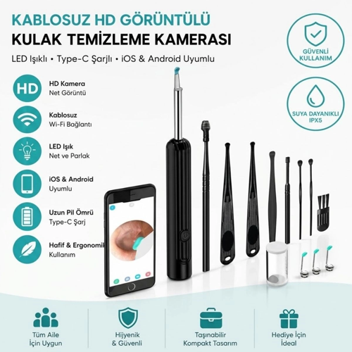 Siyah Kablosuz Hd Görüntülü Kulak Temizleme Kamerası, Led Işıklı Type-c Şarjlı İos Ve And
