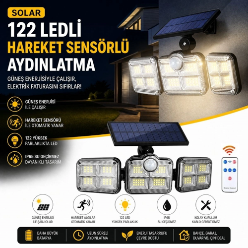 3'lü 122 Ledli Güneş Enerjili Hareket Sensörlü Aydınlatma, Dış Mekan Duvar Ve Bahç