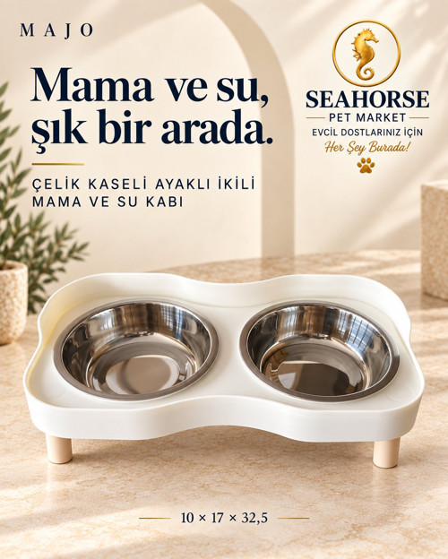 ÇELİK KASELİ AYAKLI İKİLİ MAMA VE SU KABI BEYAZ 10*17*32,5