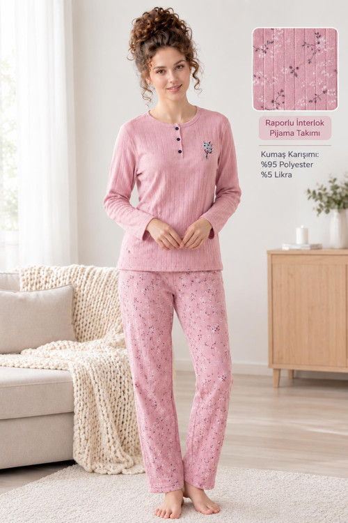 Kadın Düğme Yaka Raporlu İnterlok KIŞLIK Pijama Takımı 02739 - 1 Adet