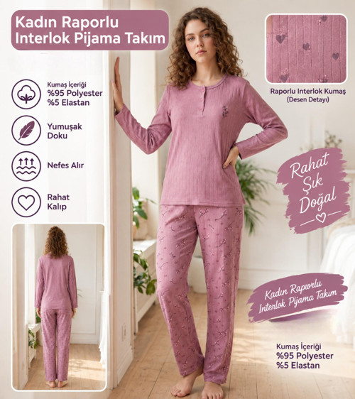 Kadın Düğme Yaka Raporlu İnterlok KIŞLIK Pijama Takımı 02741 - 1 Adet