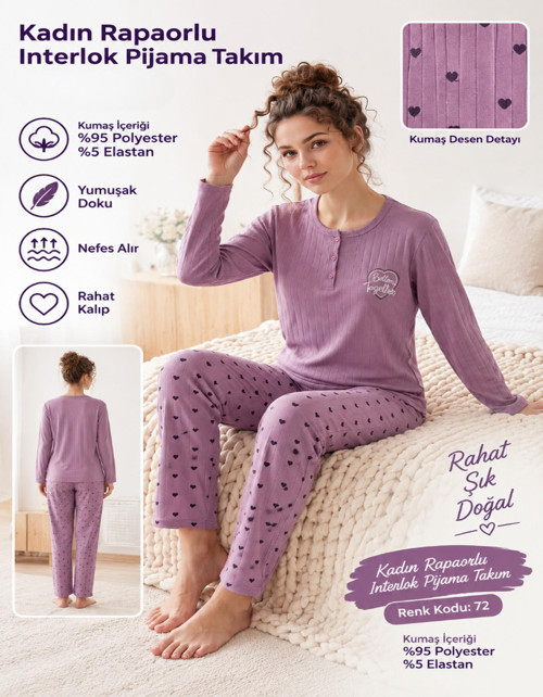 Kadın Düğme Yaka Raporlu İnterlok KIŞLIK Pijama Takımı 02787 - 1 Adet