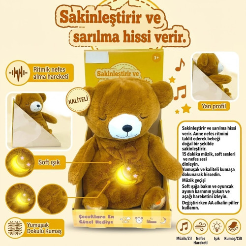 Nefes Alan Işıklı ve Müzikli Uyku Arkadaşı Peluş Ayı - Sakinleştirici Bebek Oyuncağı