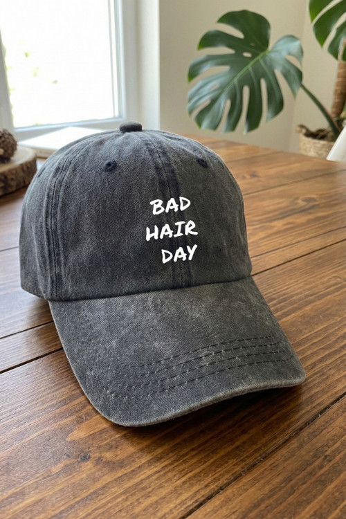 Bad Hair Day Yazılı Yıkamalı Unisex Şapka - Eskitme Metal Tokalı Ayarlanabilir Baskılı Beyzbol Şapka