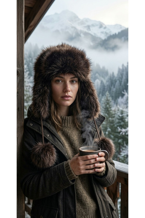 Rus Şapkası Kadın Ushanka Kürk Kalpak - Soğuk Geçirmez Kulaklı Ponponlu Kışlık Şapka