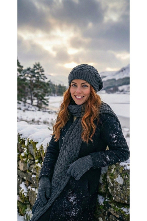 Ressam Model Örgülü Triko Kışlık Kadın Renkli Bere Atkı Eldiven Örgülü Ressam Şapka 3'lü Set