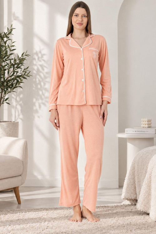 Premium Boydan Düğmeli Rahat Örme Kumaş Uzun Kol Pijama Takımı